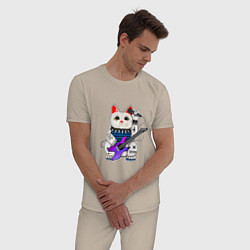 Пижама хлопковая мужская Рок кот нэко с микрофоном и гитарой, цвет: миндальный — фото 2