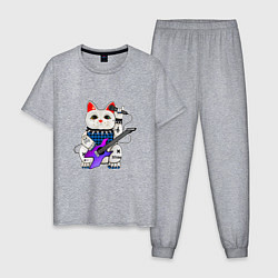 Пижама хлопковая мужская Рок кот нэко с микрофоном и гитарой, цвет: меланж