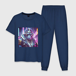 Пижама хлопковая мужская Горилла в стиле киберпанк, цвет: тёмно-синий