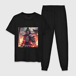 Пижама хлопковая мужская Самурай зомби в пламени огня, цвет: черный