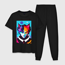Пижама хлопковая мужская Сердитый кот - поп-арт, цвет: черный