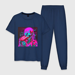Пижама хлопковая мужская Неоновый скелет зомби, цвет: тёмно-синий