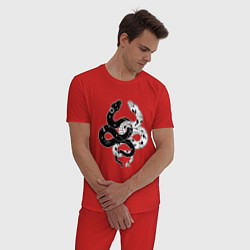 Пижама хлопковая мужская Змеи инь и янь - черное белое, цвет: красный — фото 2