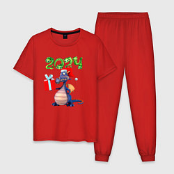 Пижама хлопковая мужская Синий дракон с подарком, цвет: красный