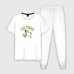 Пижама хлопковая мужская Мультяшный динозавр Элвис с вывеской Las Vegas, цвет: белый