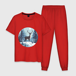 Пижама хлопковая мужская Зимняя сказка олень в лесу, цвет: красный