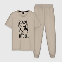 Пижама хлопковая мужская 2024 - мемный кот, цвет: миндальный