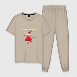 Пижама хлопковая мужская Гномик девочка новогодняя, цвет: миндальный