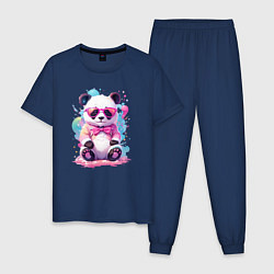 Пижама хлопковая мужская Милая панда в розовых очках и бантике, цвет: тёмно-синий