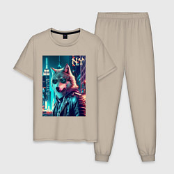 Пижама хлопковая мужская Крутой волчара в ночном Нью-Йорке, цвет: миндальный