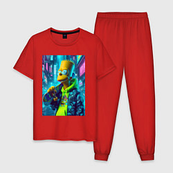 Пижама хлопковая мужская Барт Симпсон со скейтбордом - нейросеть, цвет: красный