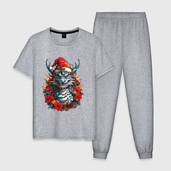 Пижама хлопковая мужская Дракон в шапке Санта Клауса, цвет: меланж