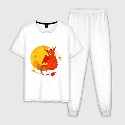 Пижама хлопковая мужская Красный дракон на фоне луны, цвет: белый
