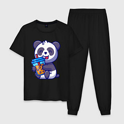 Пижама хлопковая мужская Панда с напитком, цвет: черный