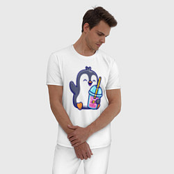 Пижама хлопковая мужская Пингвин с напитком, цвет: белый — фото 2