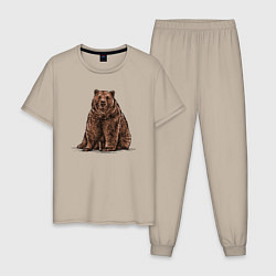 Пижама хлопковая мужская Бурый медведь сидит, цвет: миндальный