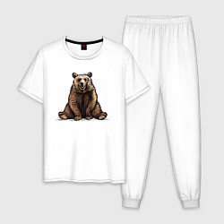 Пижама хлопковая мужская Медведь веселый сидит, цвет: белый
