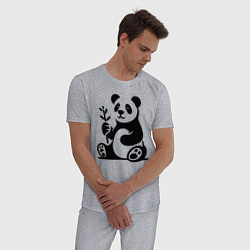 Пижама хлопковая мужская Сидящая панда с бамбуком в лапе, цвет: меланж — фото 2