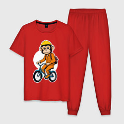 Пижама хлопковая мужская Обезьяна на велосипеде, цвет: красный