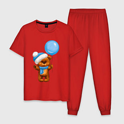 Пижама хлопковая мужская Плюшевый мишка с голубым воздушным шариком, цвет: красный
