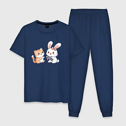 Пижама хлопковая мужская Котик играет с кроликом, цвет: тёмно-синий