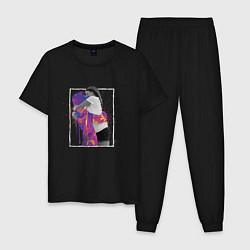 Пижама хлопковая мужская Влюблённая пара глитч и брызги краски, цвет: черный