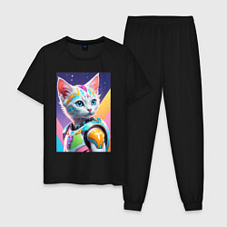 Пижама хлопковая мужская Котик в стиле киберпанк, цвет: черный