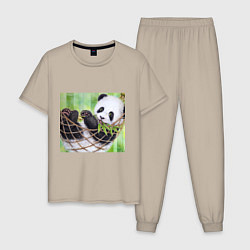 Пижама хлопковая мужская Панда медвед, цвет: миндальный