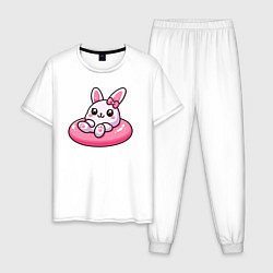 Пижама хлопковая мужская Смешной розовый кролик в надувном круге, цвет: белый