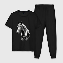 Пижама хлопковая мужская Портрет лошади, цвет: черный