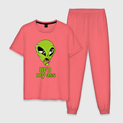 Пижама хлопковая мужская Зеленый пришелец НЛО с надписью UFO my ass, цвет: коралловый
