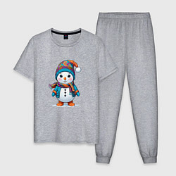 Пижама хлопковая мужская Снеговик в шапочке и с шарфом, цвет: меланж