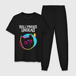 Пижама хлопковая мужская Hollywood Undead rock star cat, цвет: черный