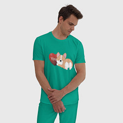 Пижама хлопковая мужская Спящий корги с сердцем, цвет: зеленый — фото 2