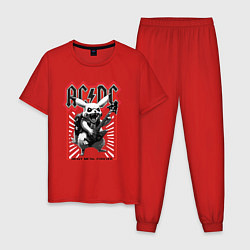 Пижама хлопковая мужская AC DC на фоне Пикачу играющего рок на гитаре, цвет: красный