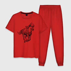 Пижама хлопковая мужская Лошадь в новогоднем колпаке, цвет: красный