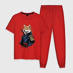 Пижама хлопковая мужская Собака Сиба-ину самурай, цвет: красный
