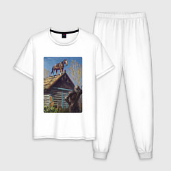 Пижама хлопковая мужская Геральд и плотва на крыше - обложка карты из Гвинт, цвет: белый