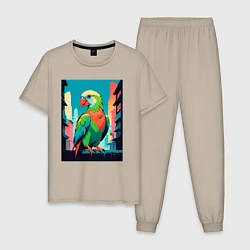 Пижама хлопковая мужская Попугай в городе, цвет: миндальный