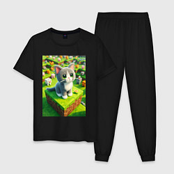 Пижама хлопковая мужская Funny kitten - Minecraft ai art, цвет: черный