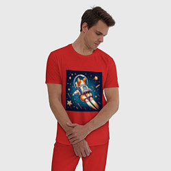 Пижама хлопковая мужская Реактивный корги в космосе, цвет: красный — фото 2