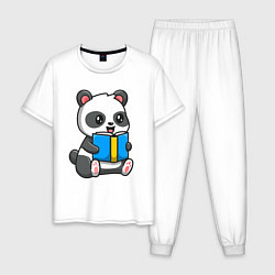 Пижама хлопковая мужская Панда читает, цвет: белый