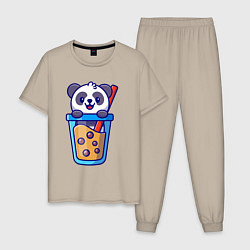 Пижама хлопковая мужская Панда в стаканчике, цвет: миндальный