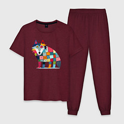 Пижама хлопковая мужская Funny wolf - patchwork ai art, цвет: меланж-бордовый