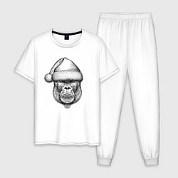 Пижама хлопковая мужская Морда новогодней гориллы, цвет: белый