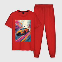 Пижама хлопковая мужская Nissan GT-R дрифт в городе, цвет: красный