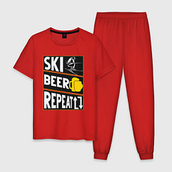 Пижама хлопковая мужская Лыжи и пиво, цвет: красный
