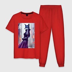 Пижама хлопковая мужская Чернобурая лиса модница - нейросеть, цвет: красный
