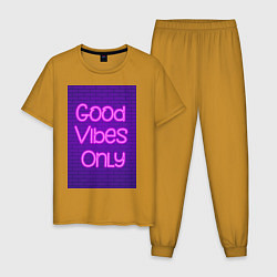 Пижама хлопковая мужская Неоновая надпись good vibes only и кирпичная стена, цвет: горчичный