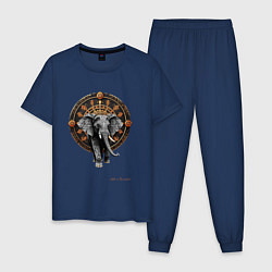 Пижама хлопковая мужская Слон с узорами на фоне колеса сансары, цвет: тёмно-синий